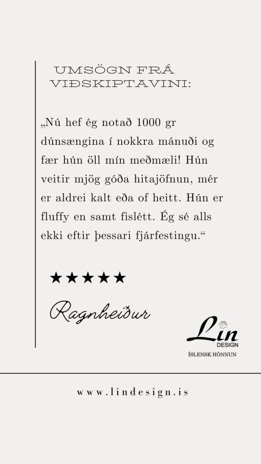 Lín Design dúnsæng – 100% RDS og Oeko-Tex vottuð andadúnssæng – Val um 600, 800, 900, 1000 gr eða 1200 g fyllingu